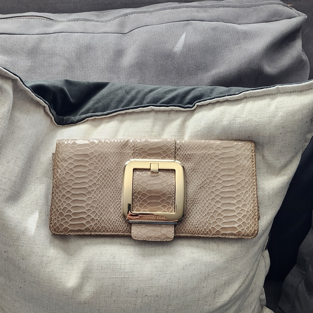 Michael Kors Beige Snake-Embossed Leather Clutch with Gold Buckle